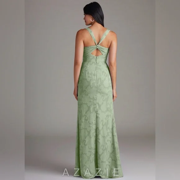 Azazie Mero Dusty Sage Sheath Pleated Floral Burnout Dress Size A6 - Picture 2 of 3